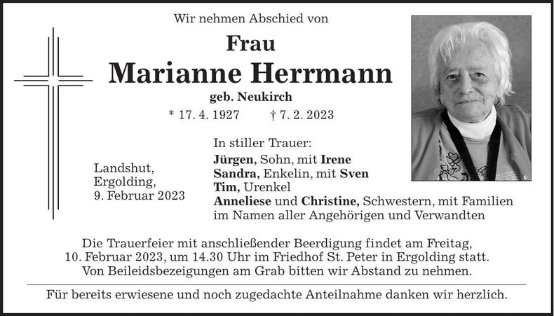 Traueranzeige Herrmann Marianne