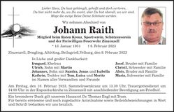 Traueranzeige Johann Raith