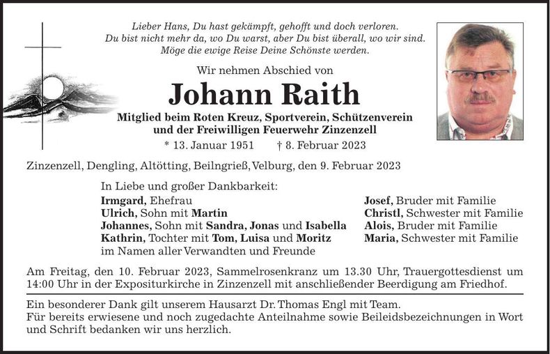 Traueranzeige Johann Raith
