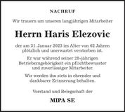 Traueranzeige Haris Elezovic
