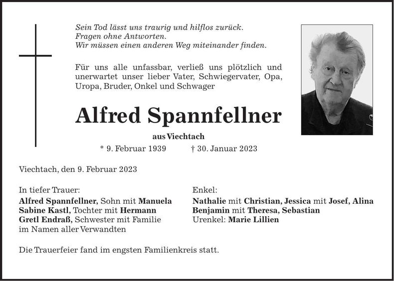 Traueranzeige Alfred Spannfellner