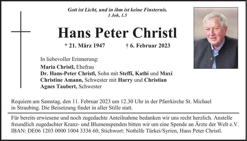 Traueranzeige Hans Peter Christl