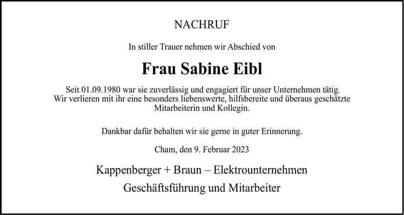 Traueranzeige Sabine Eibl