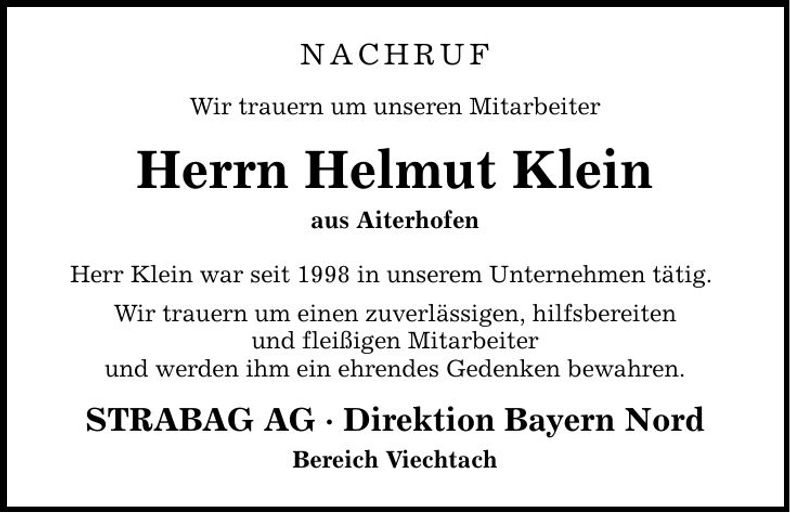 Traueranzeige Helmut Klein