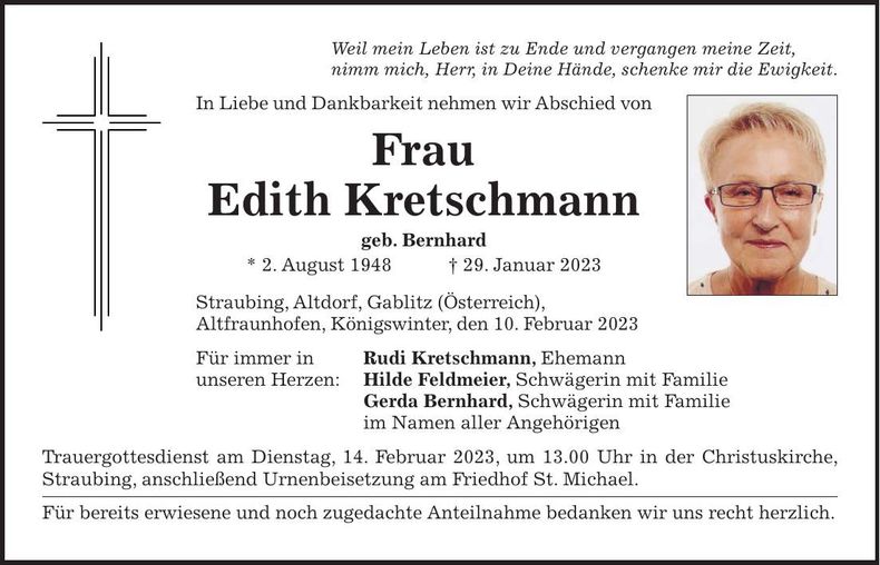 Traueranzeige Edith Kretschmann