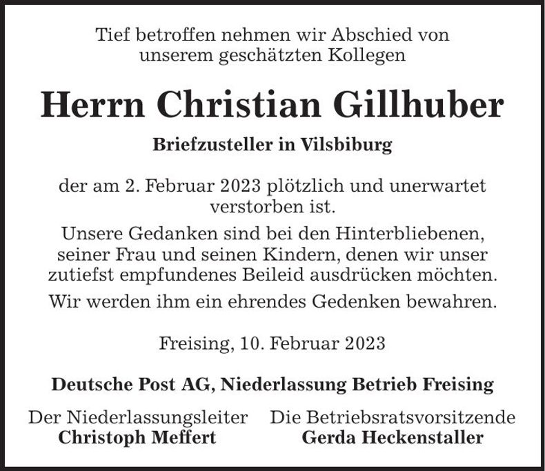 Traueranzeige Christian Gillhuber