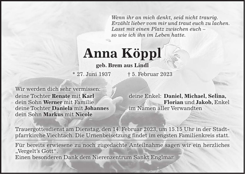 Traueranzeige Anna Köppl