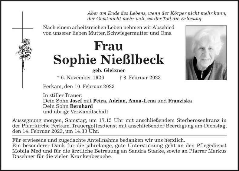 Traueranzeige Sophie Nießlbeck