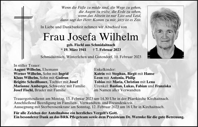 Traueranzeige Josefa Wilhelm