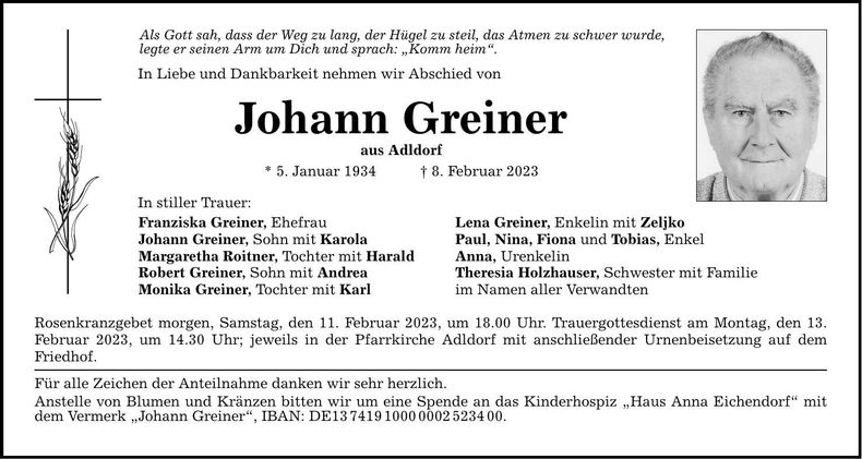 Traueranzeige Johann Greiner