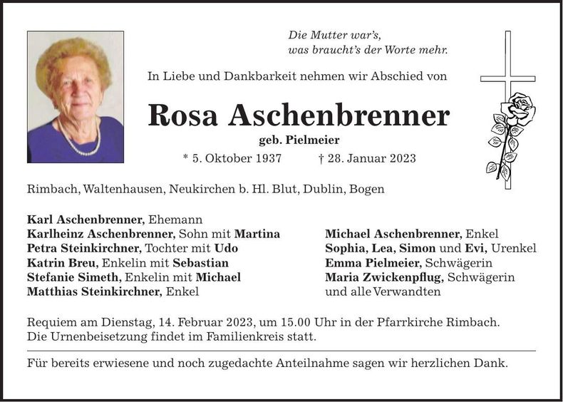 Traueranzeige Rosa Aschenbrenner
