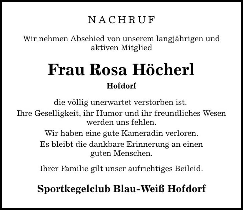 Traueranzeige Rosa Höcherl