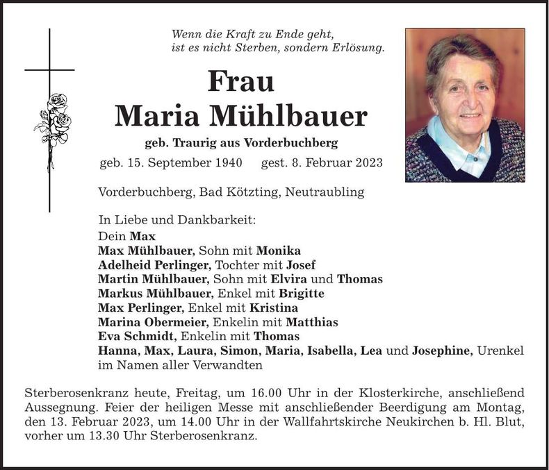 Traueranzeige Maria Mühlbauer