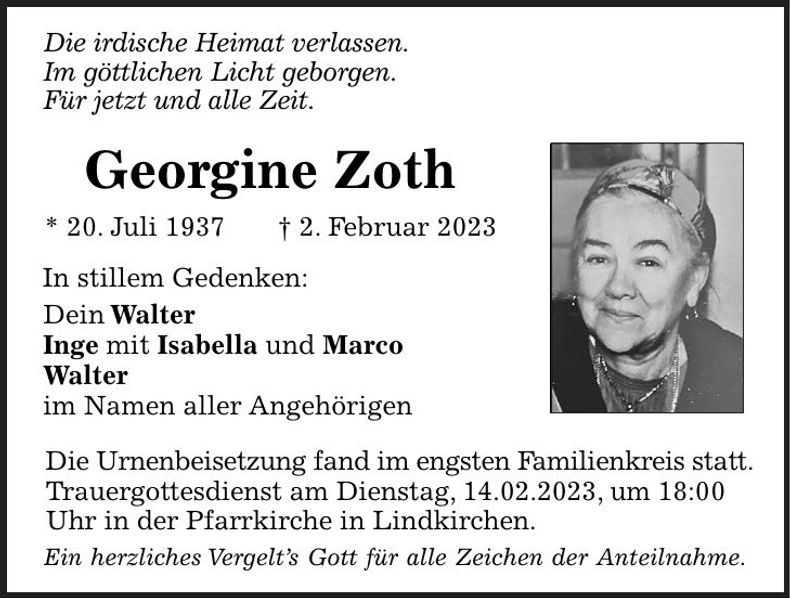 Traueranzeige Georgine Zoth