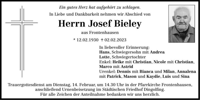 Traueranzeige Josef Bieley