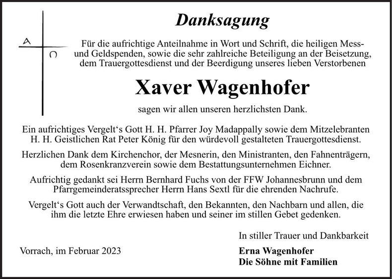 Traueranzeige Xaver Wagenhofer