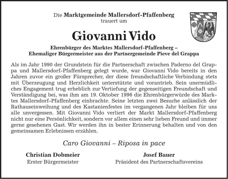 Traueranzeige Giovanni Vido