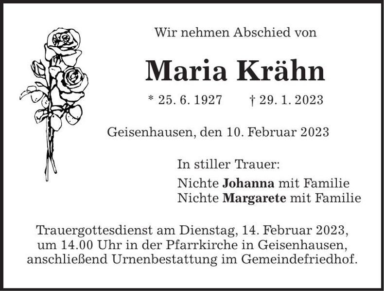Traueranzeige Maria Krähn