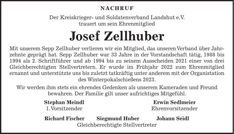 Traueranzeige Josef Zellhuber