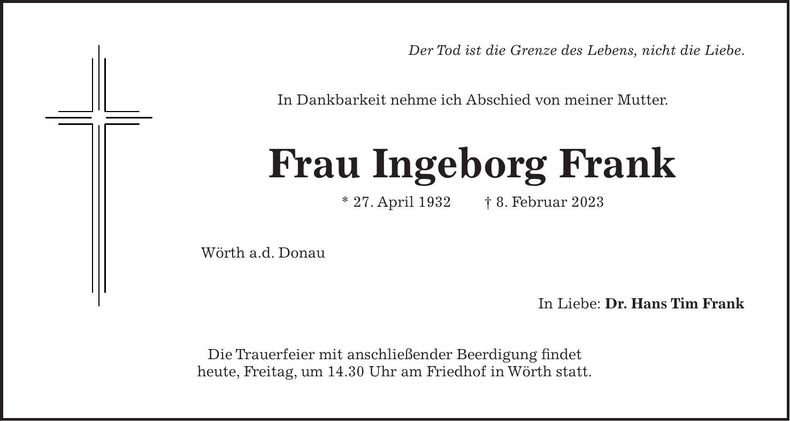 Traueranzeige Inge Frank