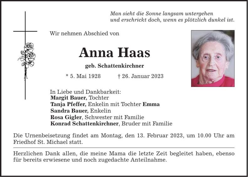 Traueranzeige Anna Haas