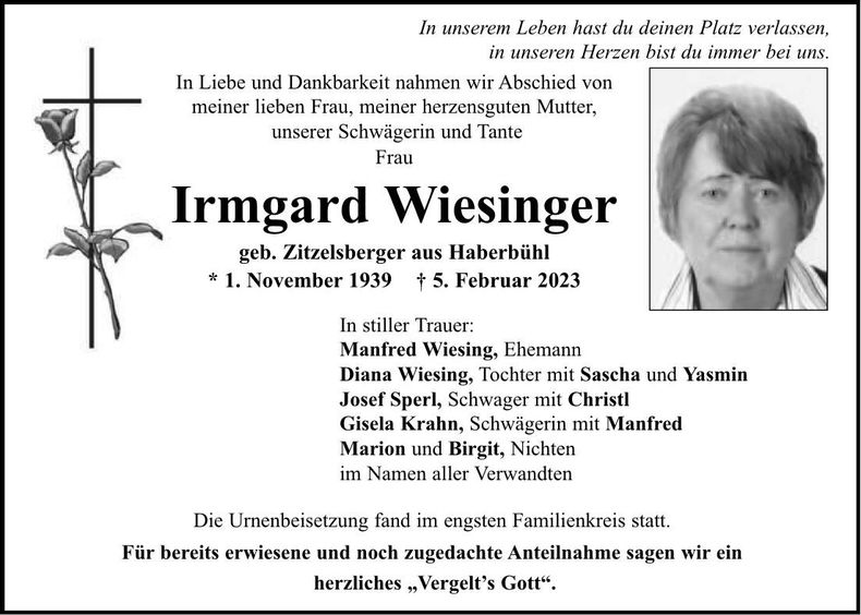 Traueranzeige Irmgard Wieser