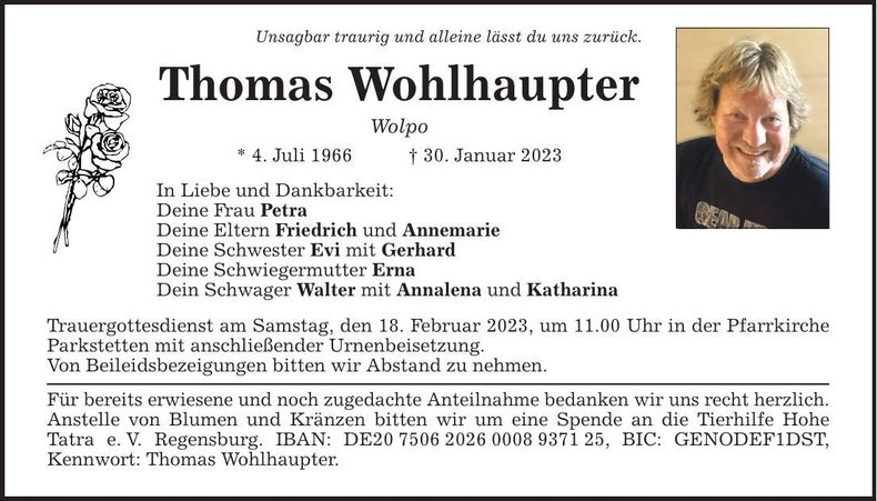 Traueranzeige Thomas Wohlhaupter