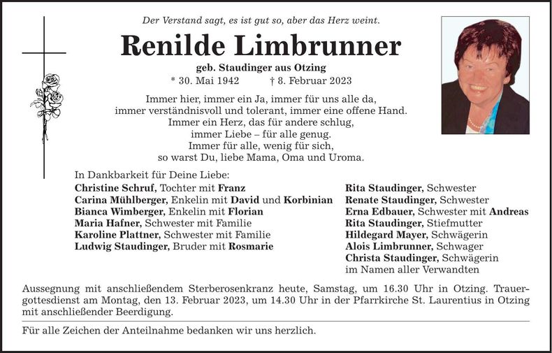 Traueranzeige Renilde Limbrunner