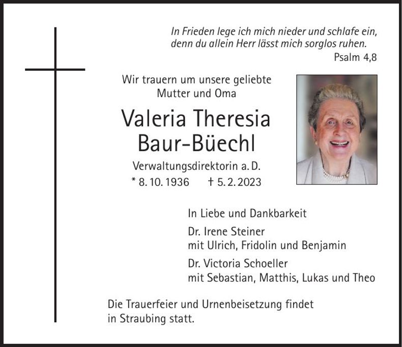 Traueranzeige Valeria Theresia Baur-Büechl