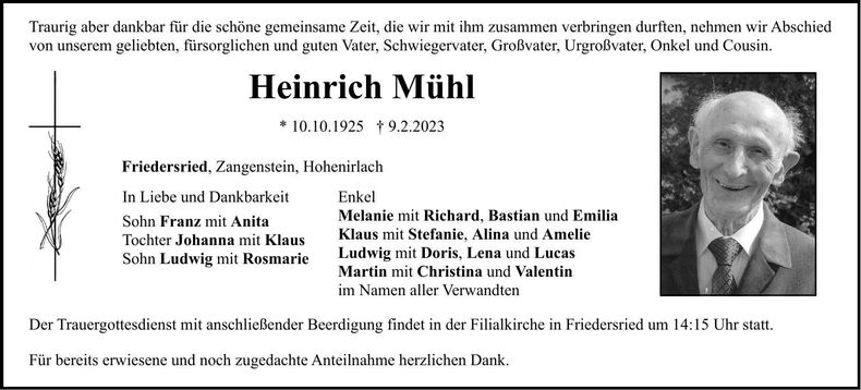 Traueranzeige Heinrich Mühl