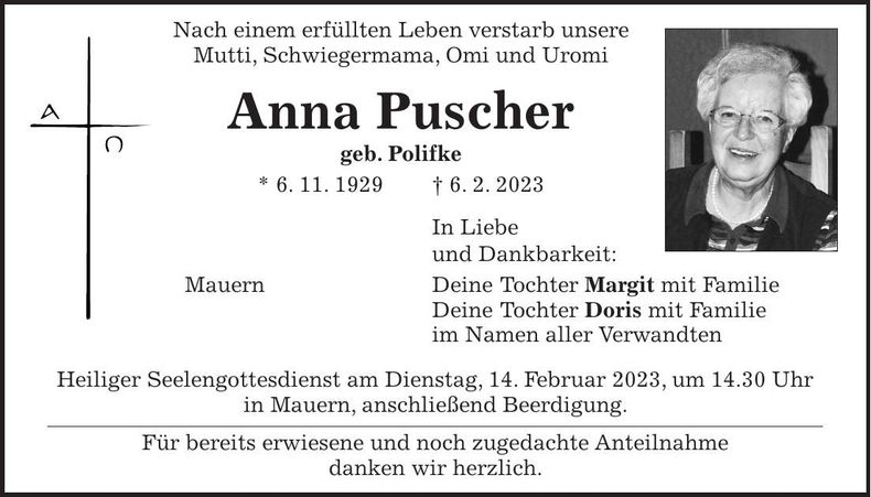 Traueranzeige Anna Puscher