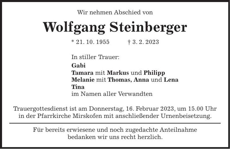 Traueranzeige Wolfgang Steinberger