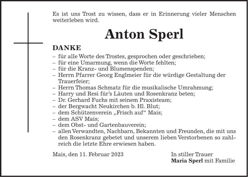 Traueranzeige Anton Sperl