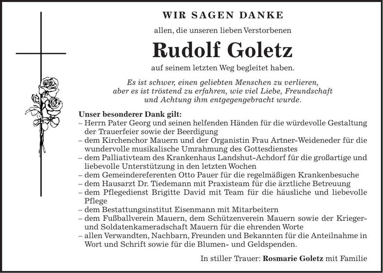 Traueranzeige Rudolf Goletz