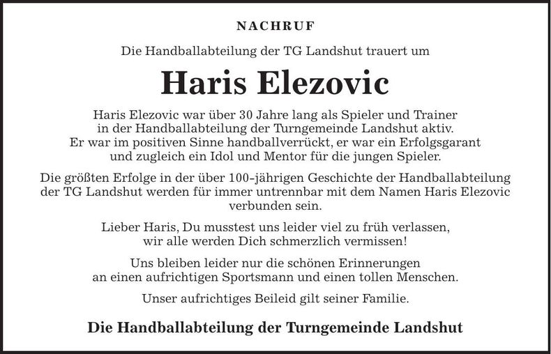 Traueranzeige Haris Elezovic