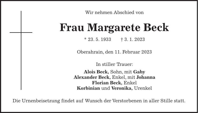 Traueranzeige Margarete Beck