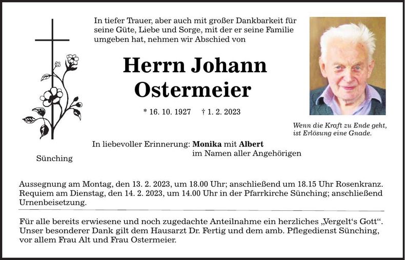 Traueranzeige Johann Ostermeier