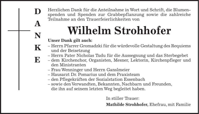 Traueranzeige Wilhelm Strohhofer