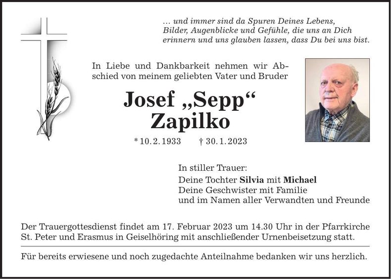 Traueranzeige Josef Zapilko