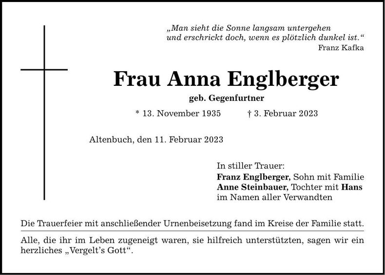 Traueranzeige Anna Ebglberger