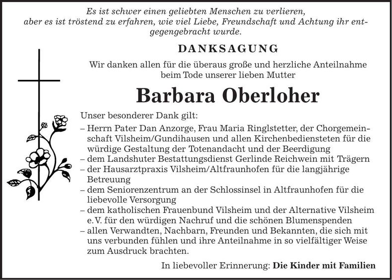 Traueranzeige Barbara Oberloher