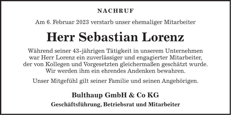 Traueranzeige Sebastian Lorenz
