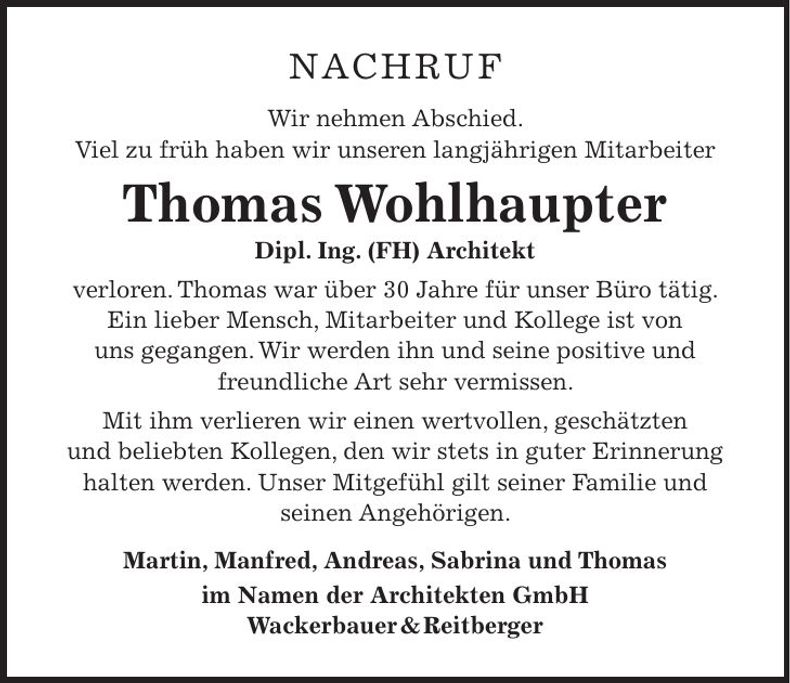 Traueranzeige Thomas Wohlhauptner