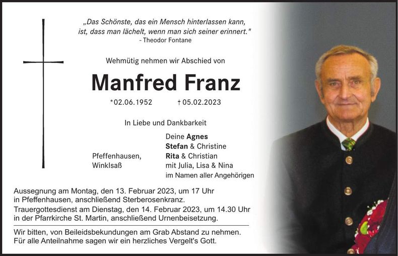Traueranzeige Manfred Franz