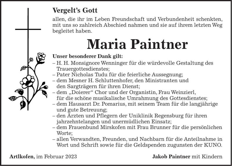 Traueranzeige Maria Paintner