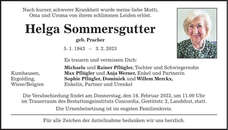 Traueranzeige Helga Sommersgutter
