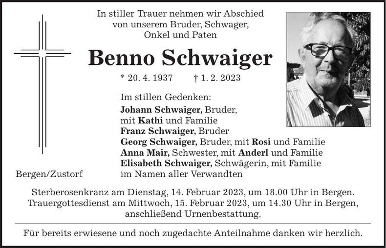 Traueranzeige Benno Schwaiger