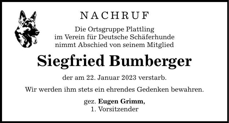 Traueranzeige Siegfried Bumberger