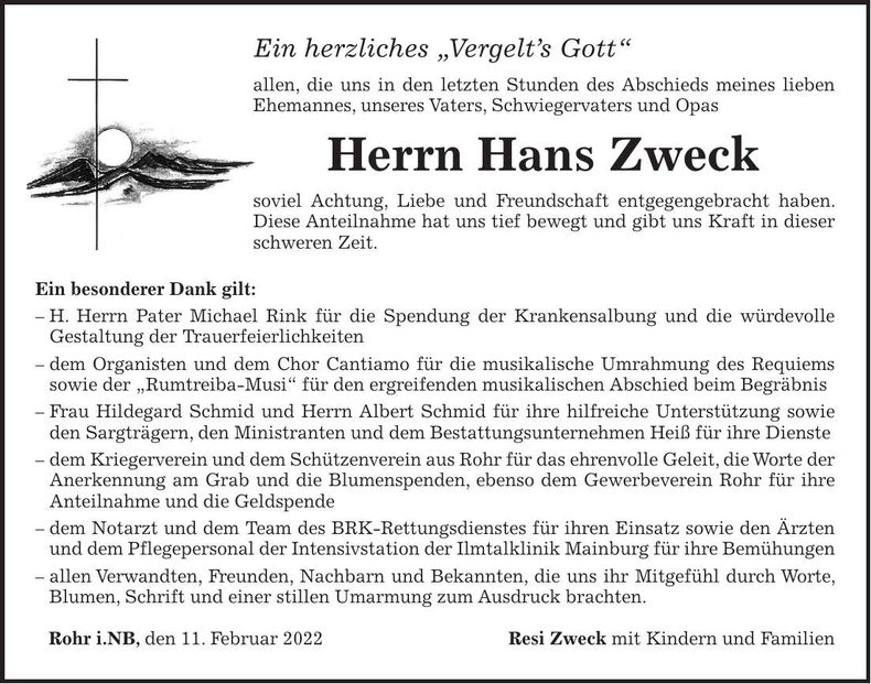 Traueranzeige Hans Zweck