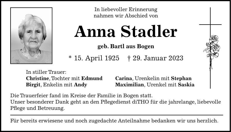 Traueranzeige Anna Stadler